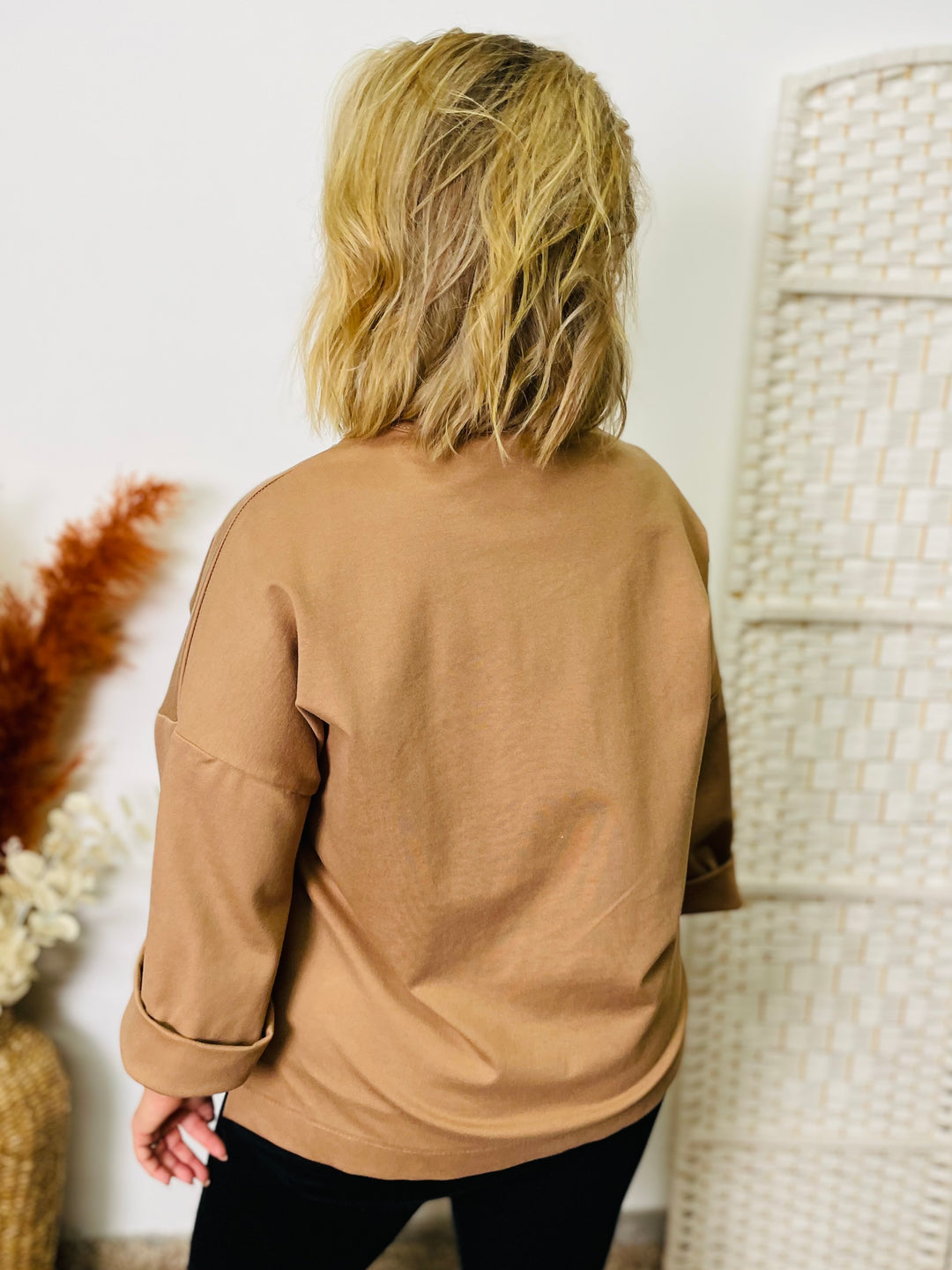 "ANDREA" Asymmetric Sweat Top-Tan