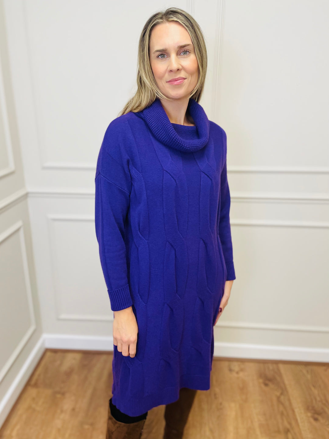 "BELINDA" Cable Knit Roll Neck Dress-Purple