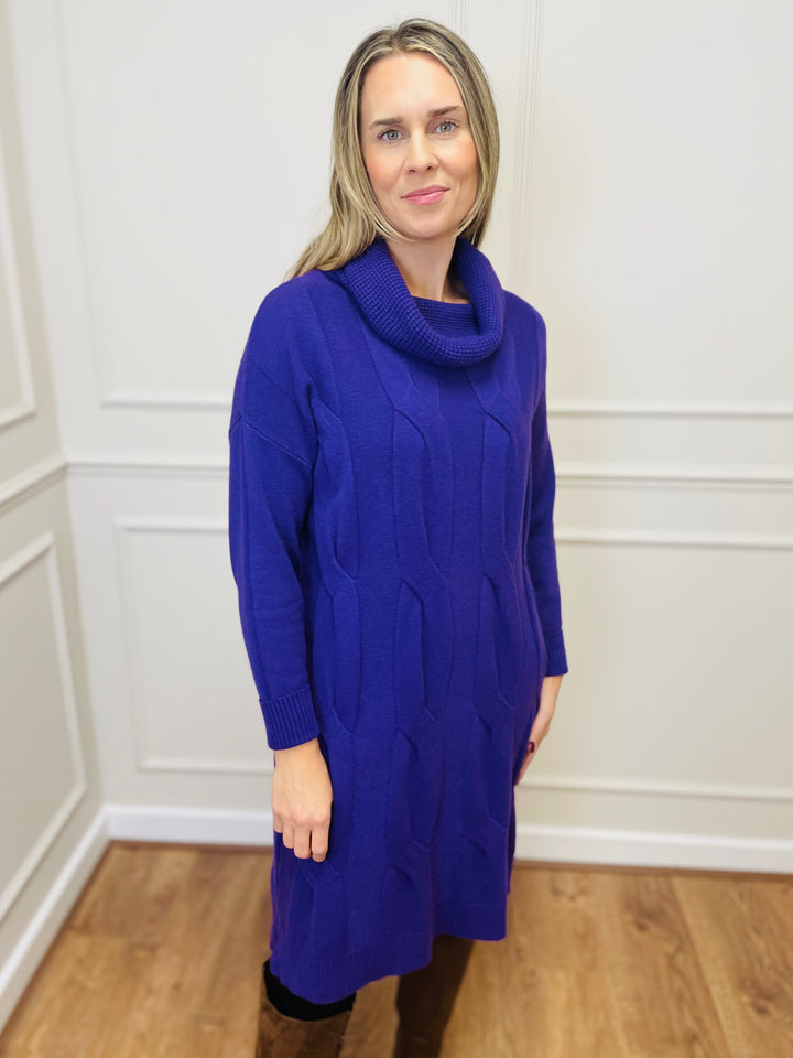 "BELINDA" Cable Knit Roll Neck Dress-Purple