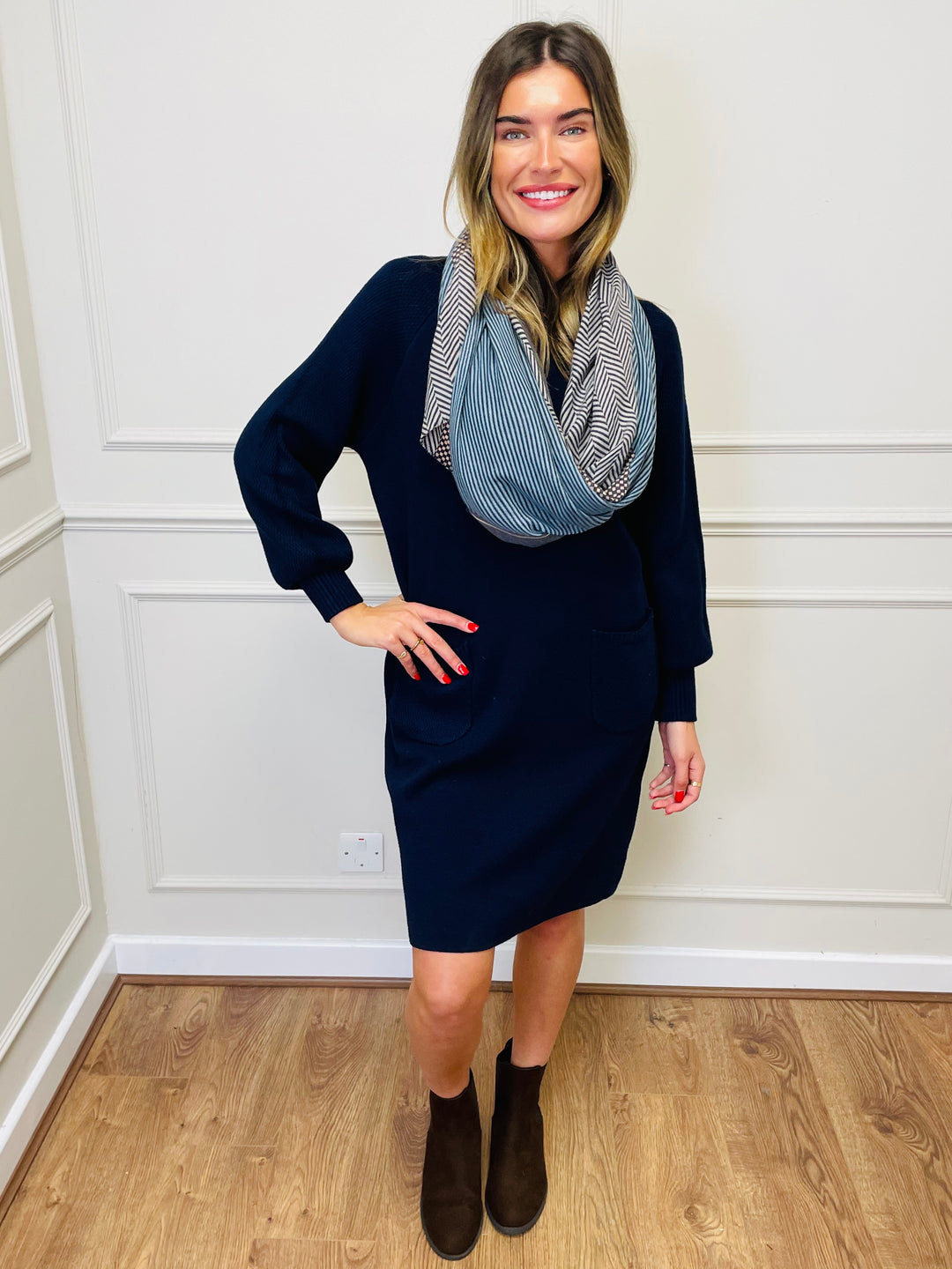 "TAYLOR" Pocket Knit Midi Dress-Navy