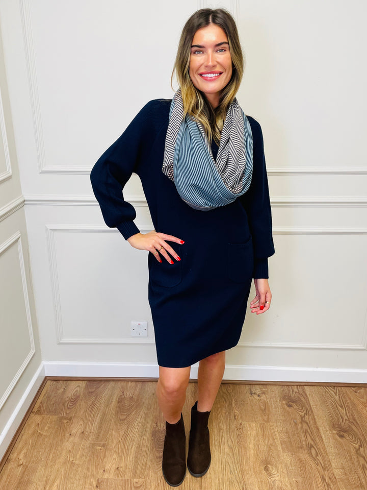 "TAYLOR" Pocket Knit Midi Dress-Navy