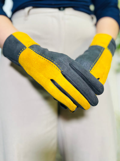 Block Print Gloves-Mustard & Grey