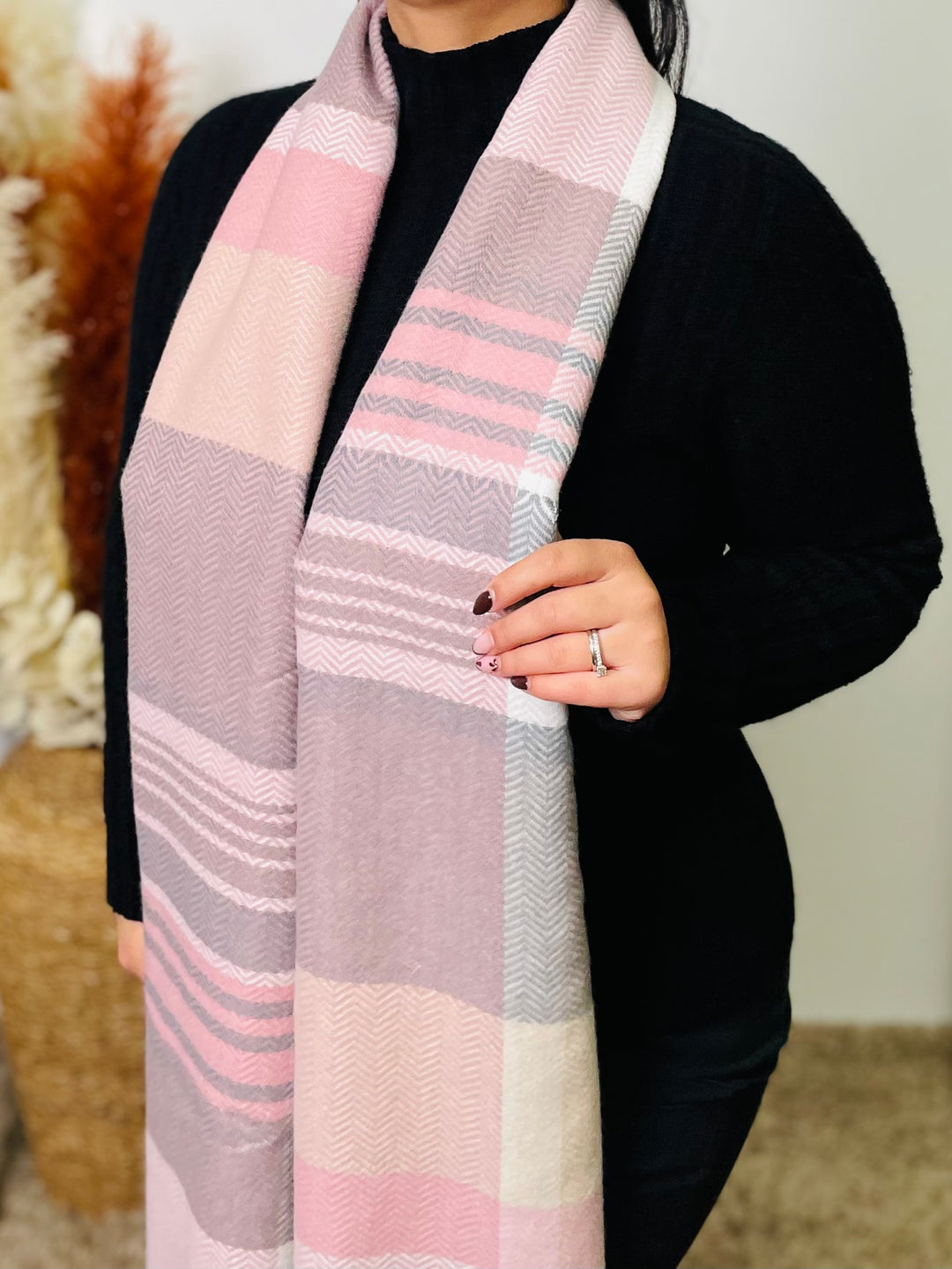 No.62 Check Print Scarf-Pink & Grey