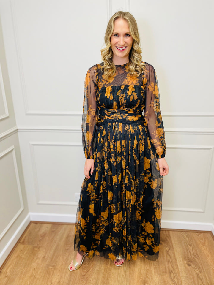 "STACEY" Chiffon Floral Dress-Black & Orange