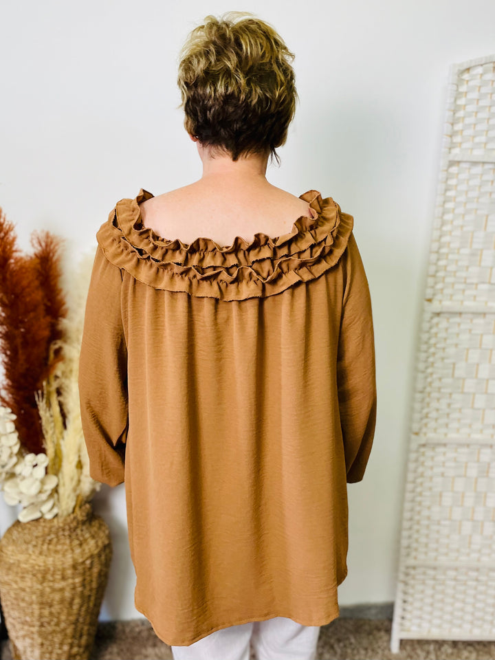 "LAYLA” Ruffle Blouse-Camel