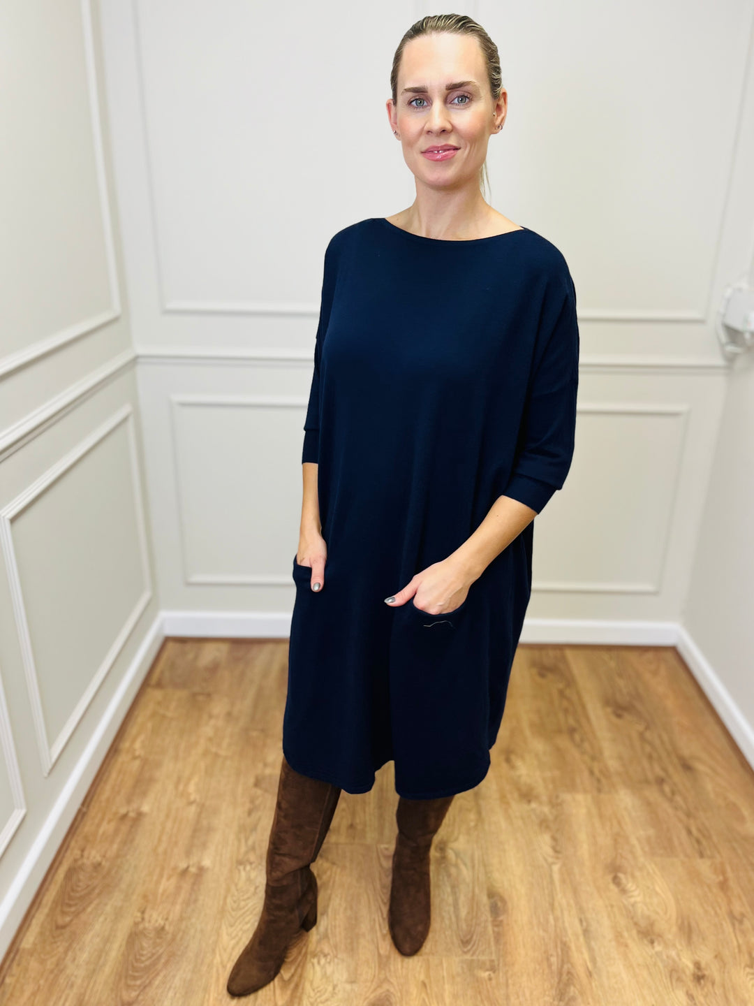 "RUBY" Fine Knit Dress-Navy