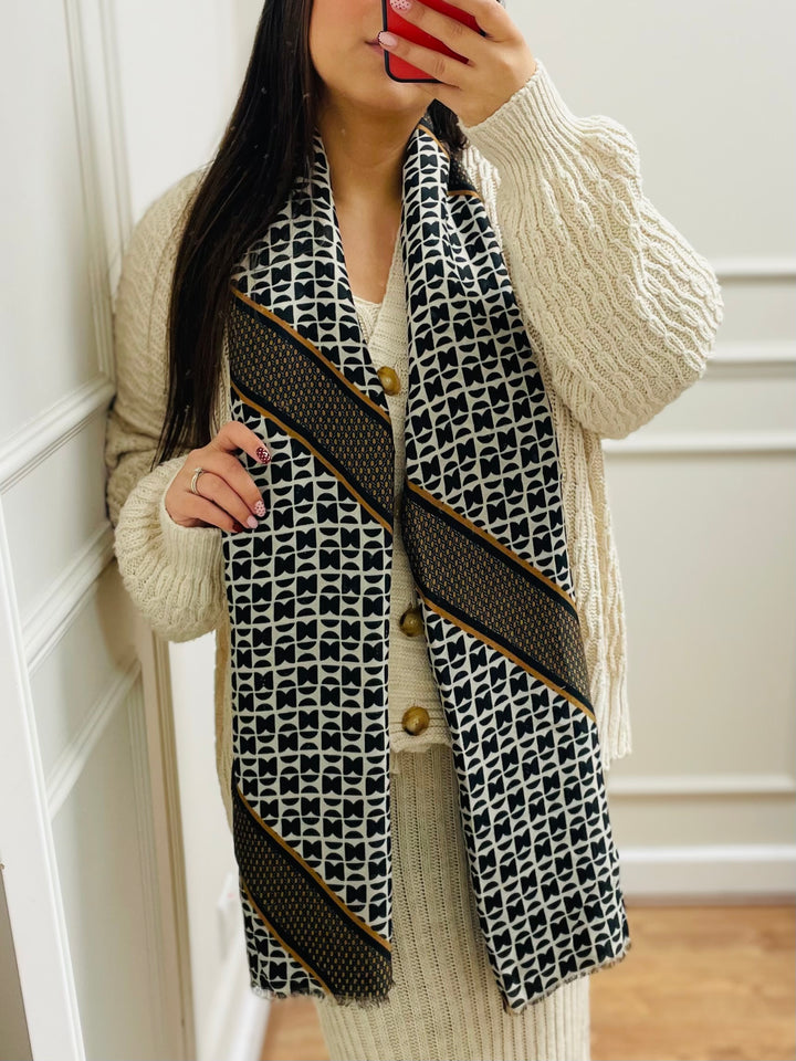 No.115 Artistic Print Scarf-White & Tan