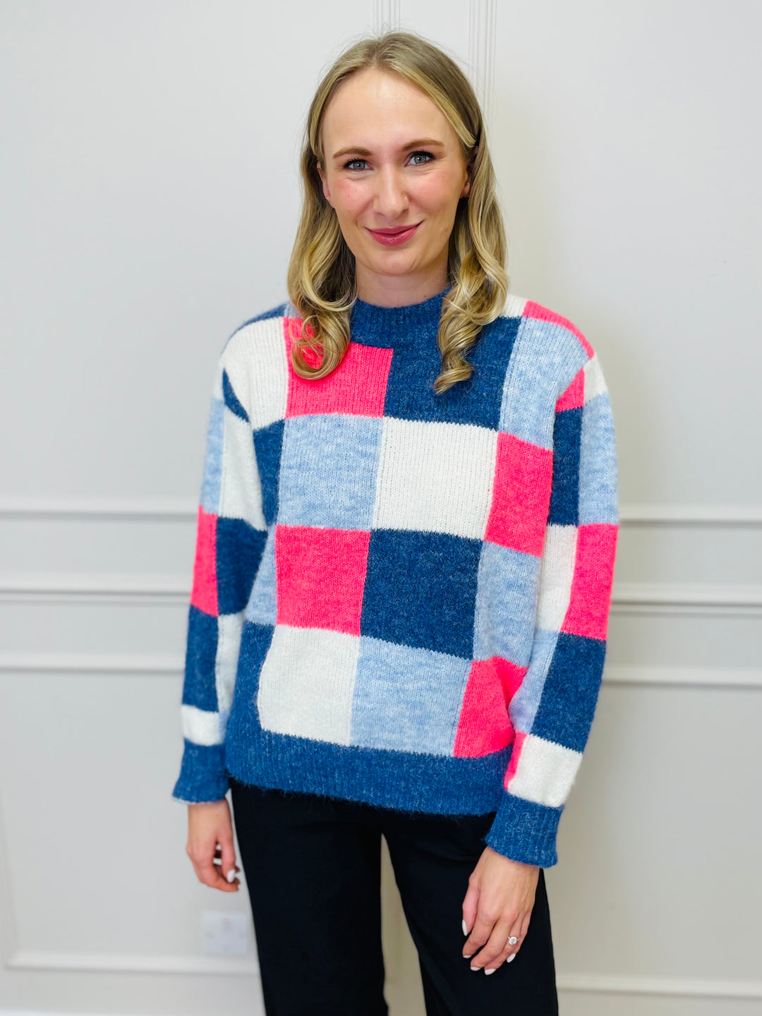 "FRANCESCA" Block Print Jumper-Blue/Pink & White