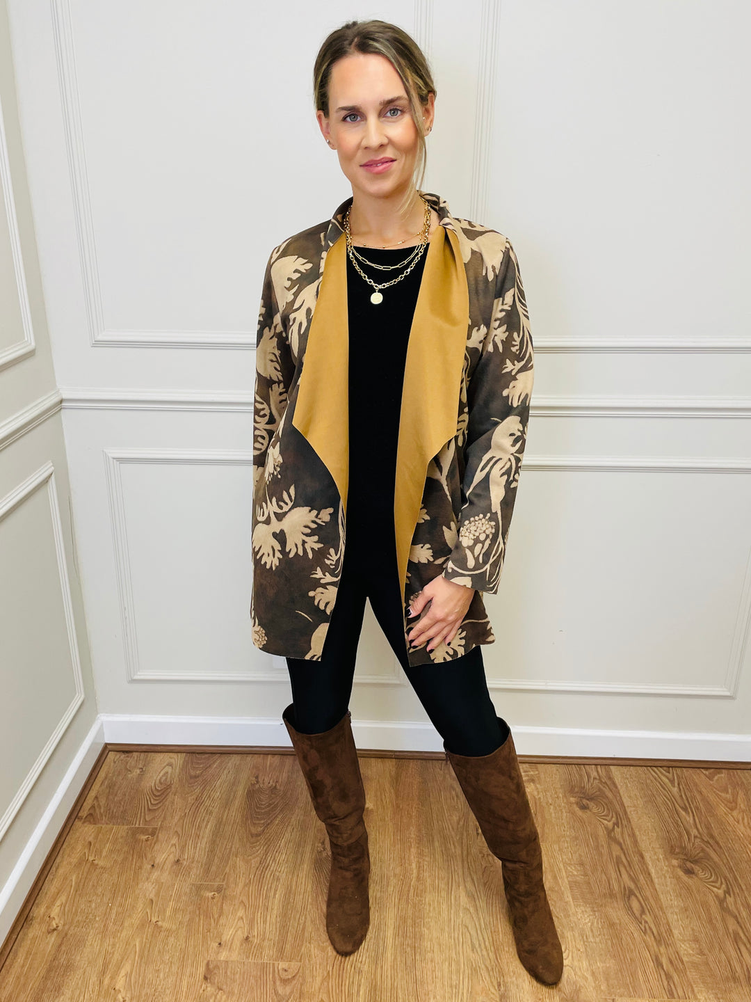 "PAULA" Floral Print Waterfall Jacket-Tan & Brown