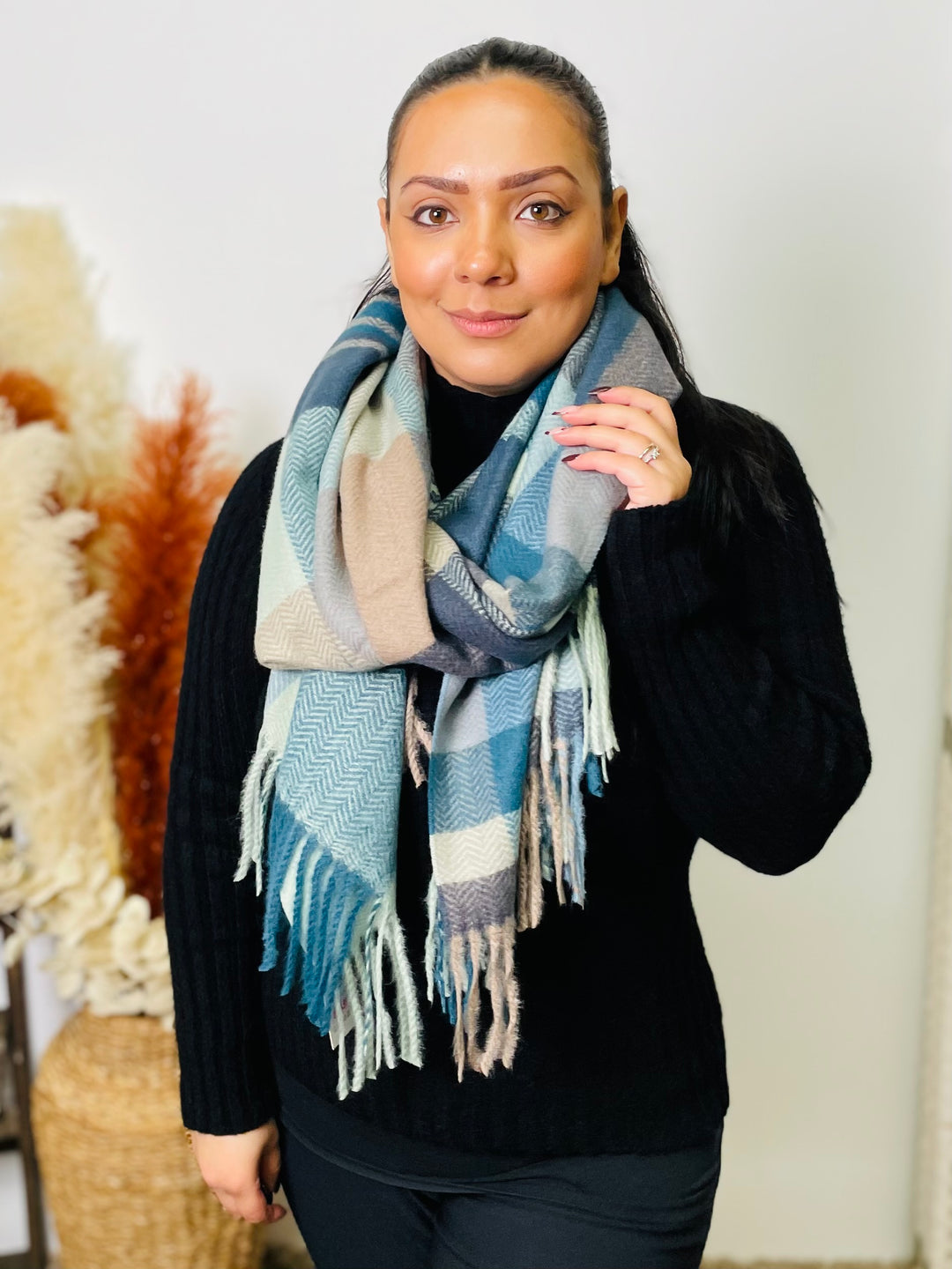 No.62 Check Print Scarf-Teal & Mocha