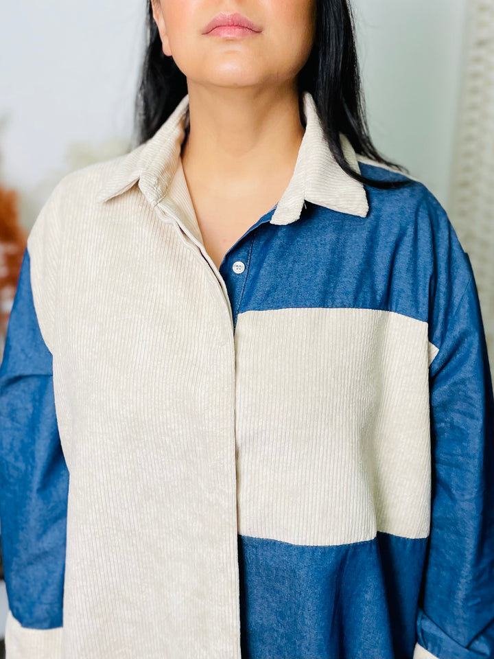 "DEBRA" Denim & Cord Shirt-Cream