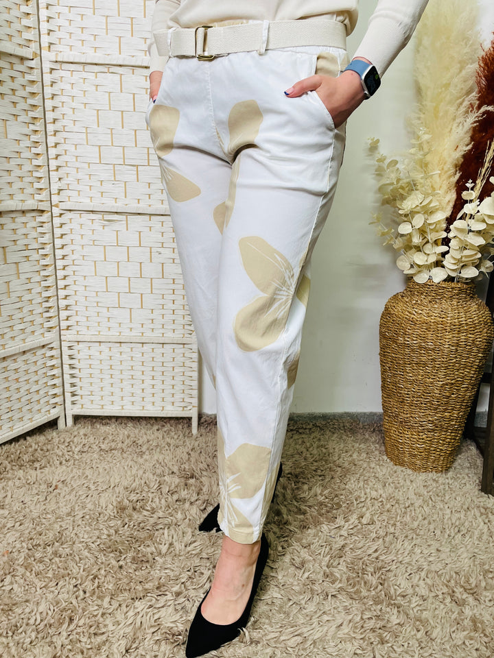 "AURELIA" Floral Trousers-White & Gold