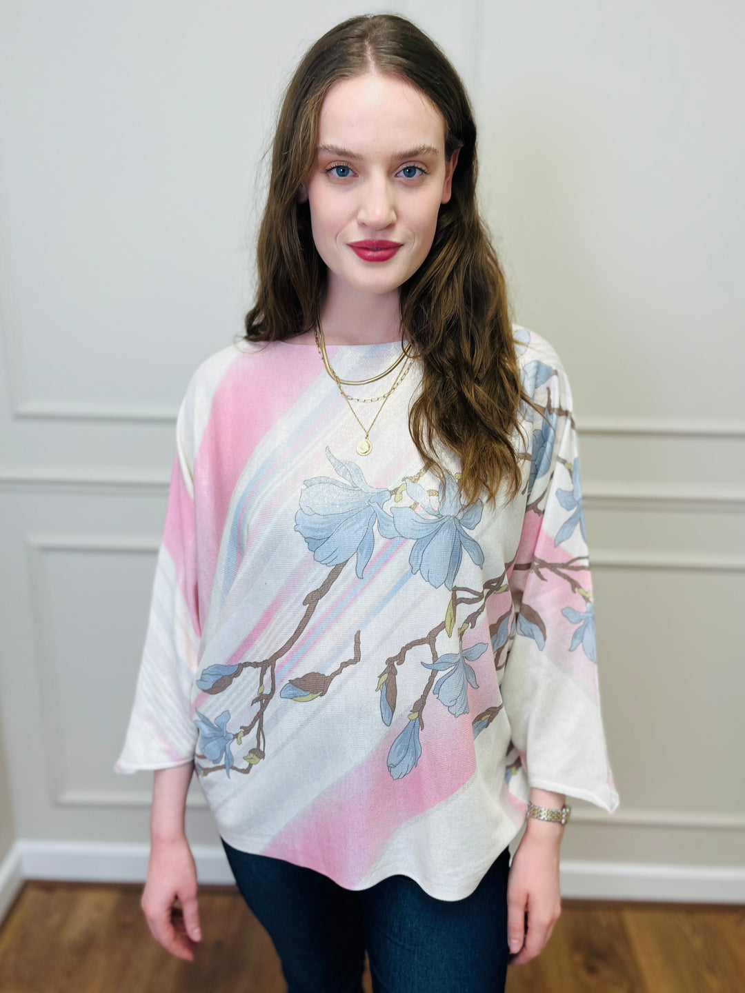 "SPRING" Floral Print Fine Knit-Cream & Pink