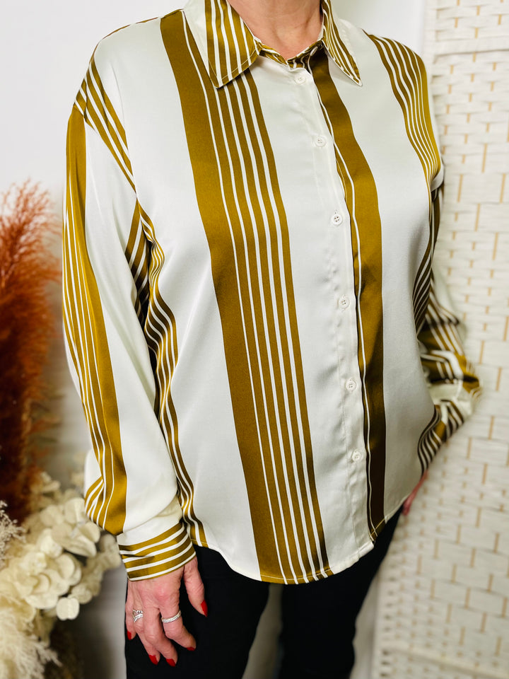 “GINNY” Stripe Print Shirt-Cream & Gold