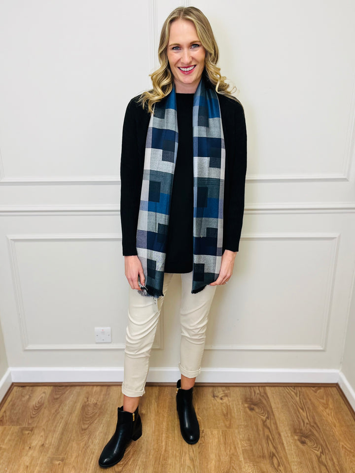 Block Print Scarf-Navy/Grey & Black