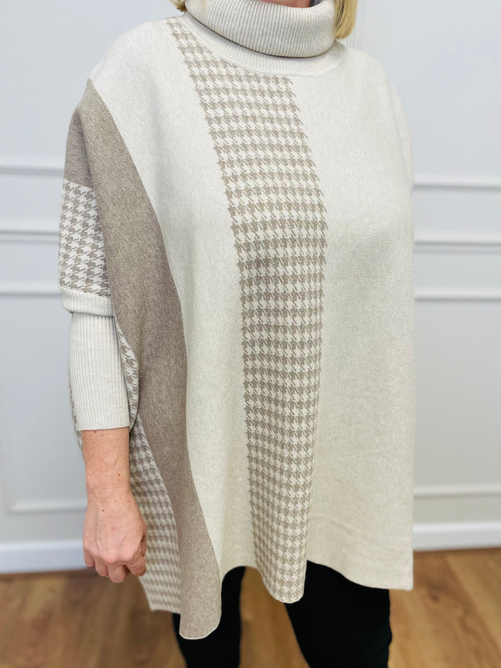 "DANIELA" Houndstooth Print Poncho-Cream & Mocha
