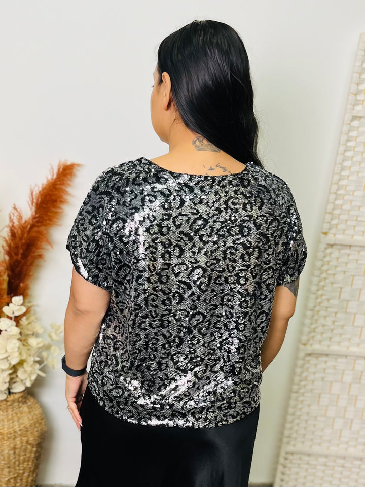 "SHAY" Sequin Animal Print Top-Black & Silver