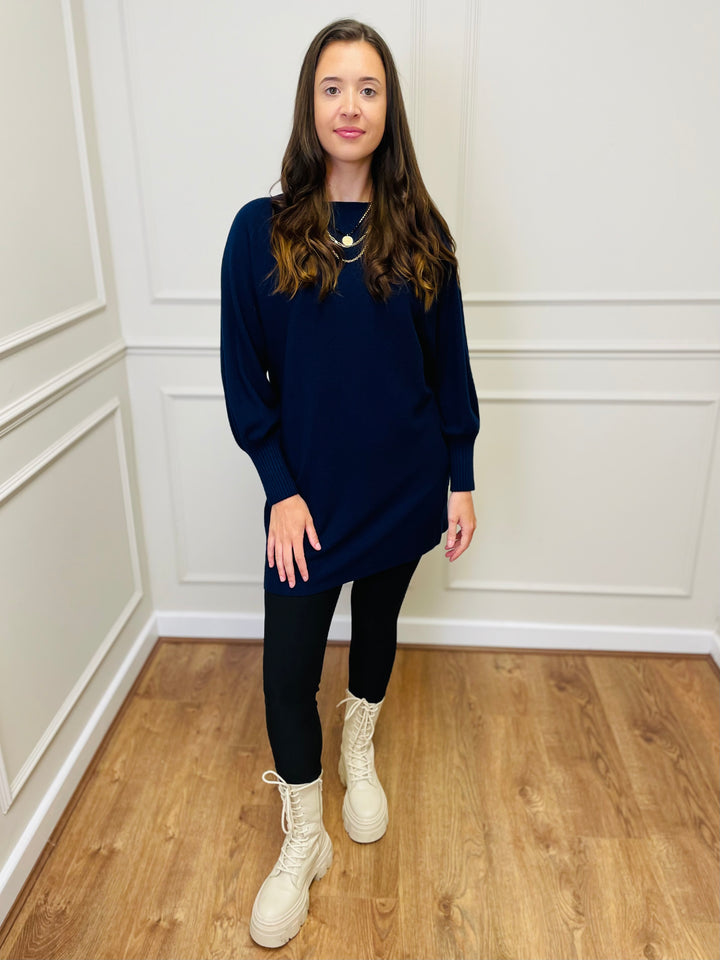 "EVELYN" Button Back Dress-Navy