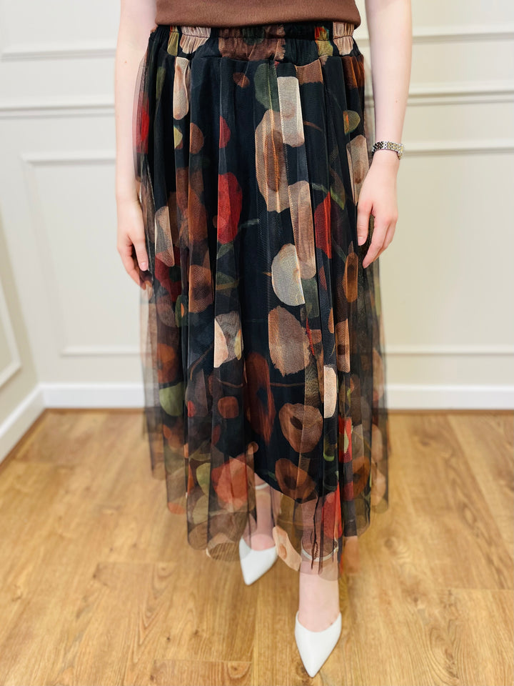 "IZZY" Floral Print Tulle Skirt-Black & Multicolour