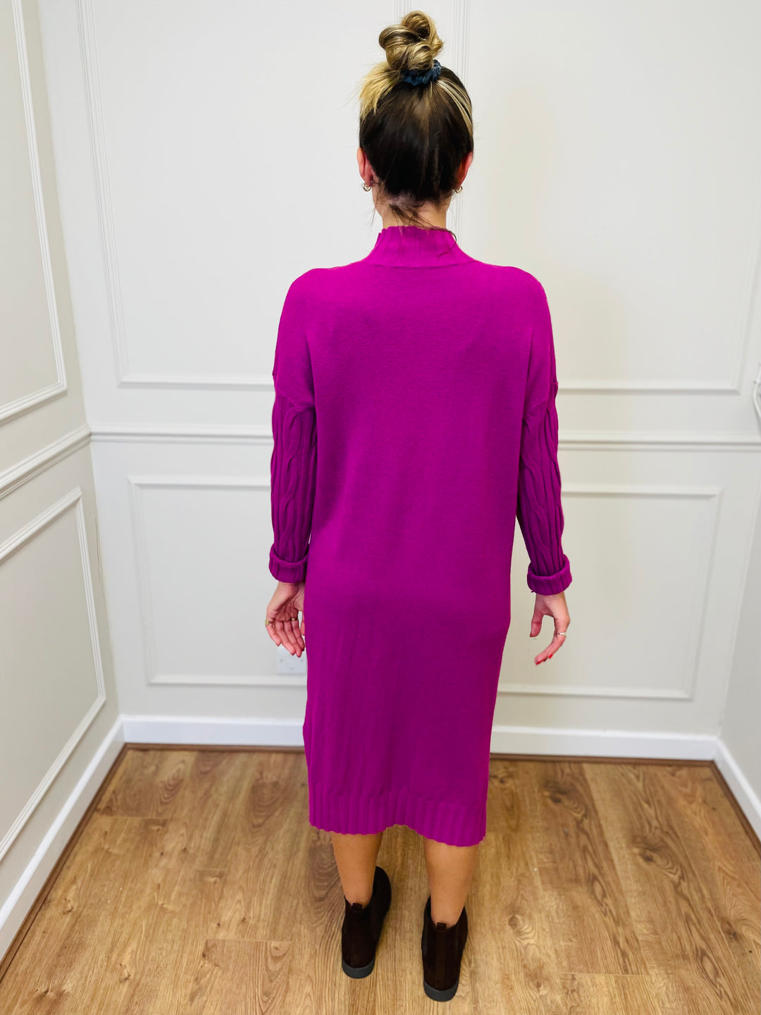 "ELY" Cable Knit Midi Dress-Magenta