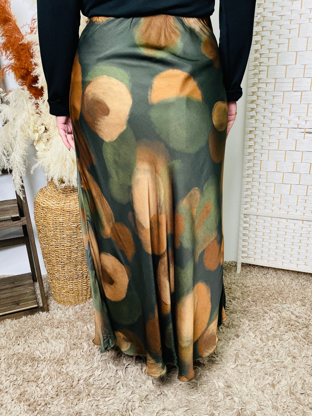 "NARA" Artistic Print Maxi Skirt-Green