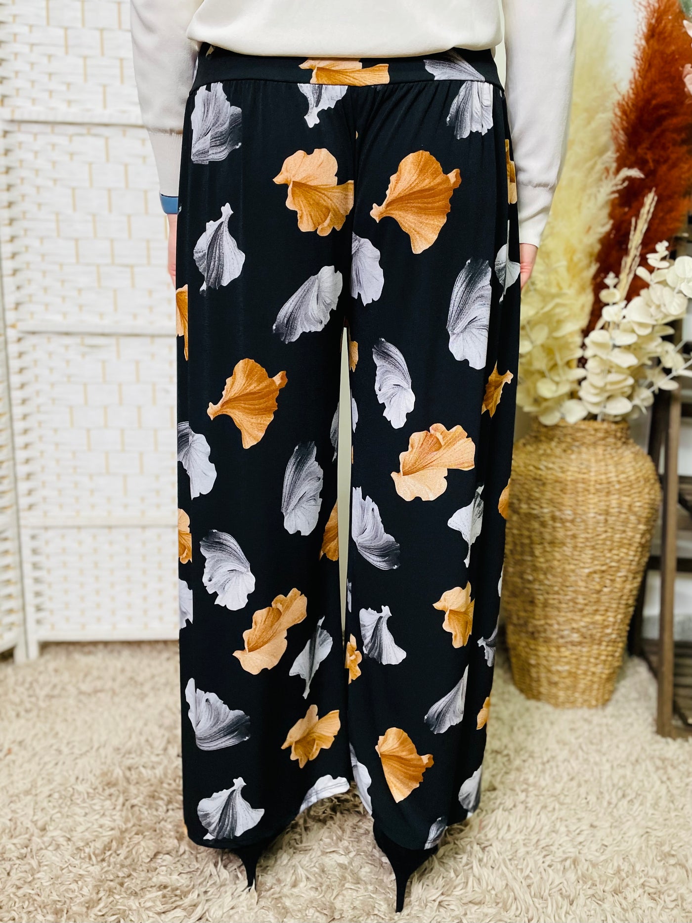 "ROSA" Floral Print Trousers-Black & Tan