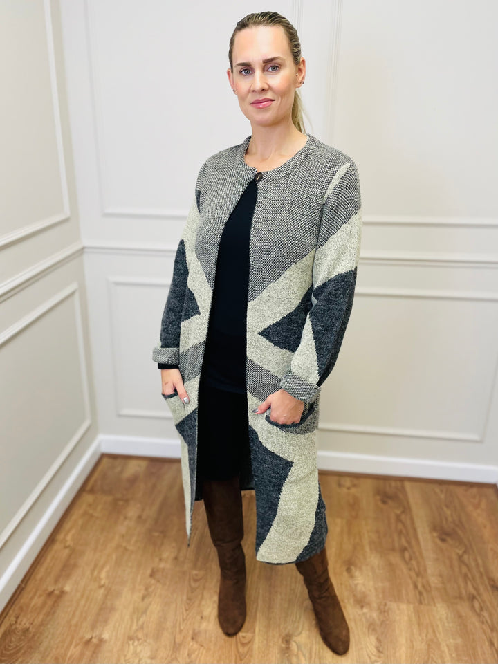 "NANCY" Longline Coatigan-Grey & Stone