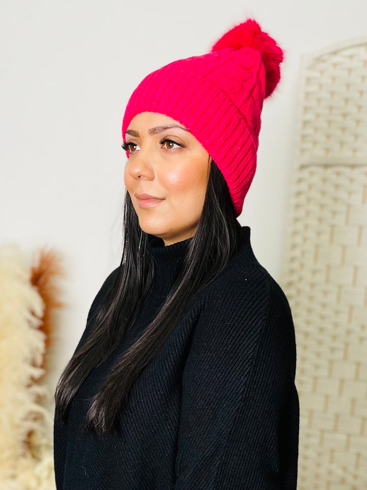 Pink Knit Faux Fur Pom Hat