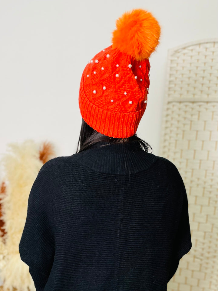 Pearl & Faux Fur Pom Hat-Orange