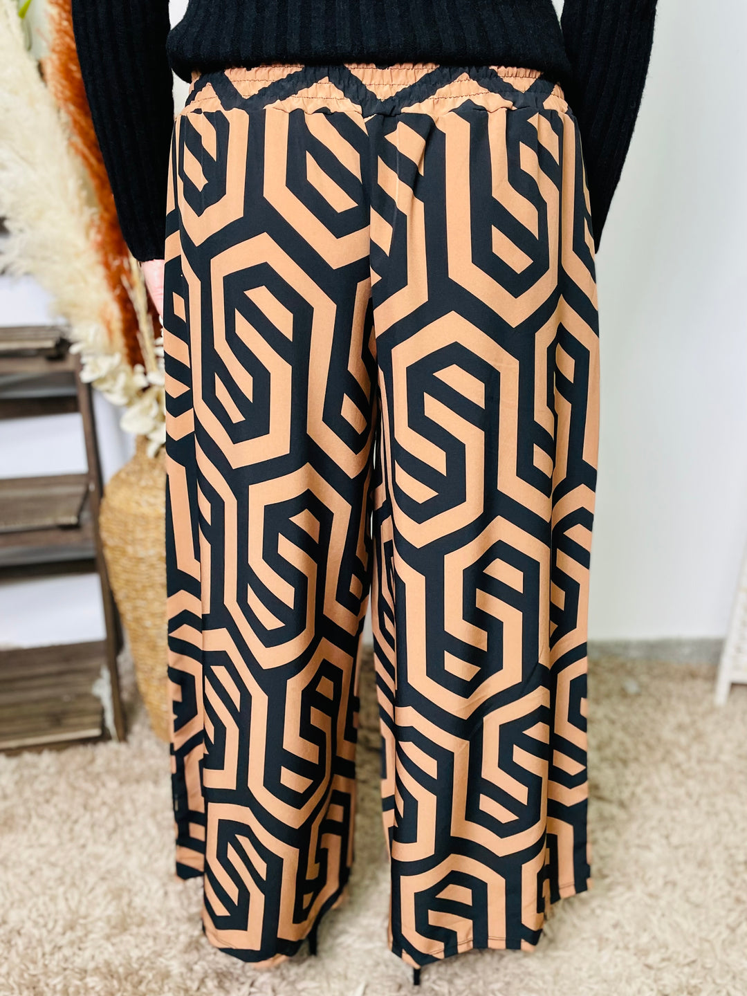 "AUBREY" Artistic Print Trousers-Tan & Black