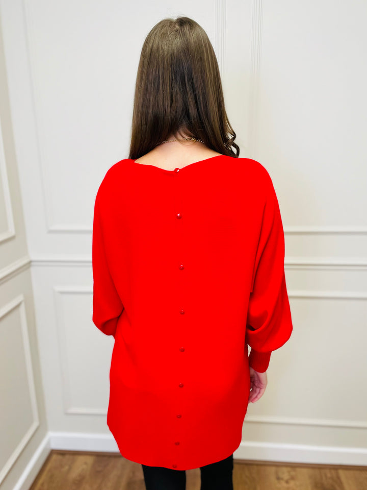 "EVELYN" Button Back Dress-Red