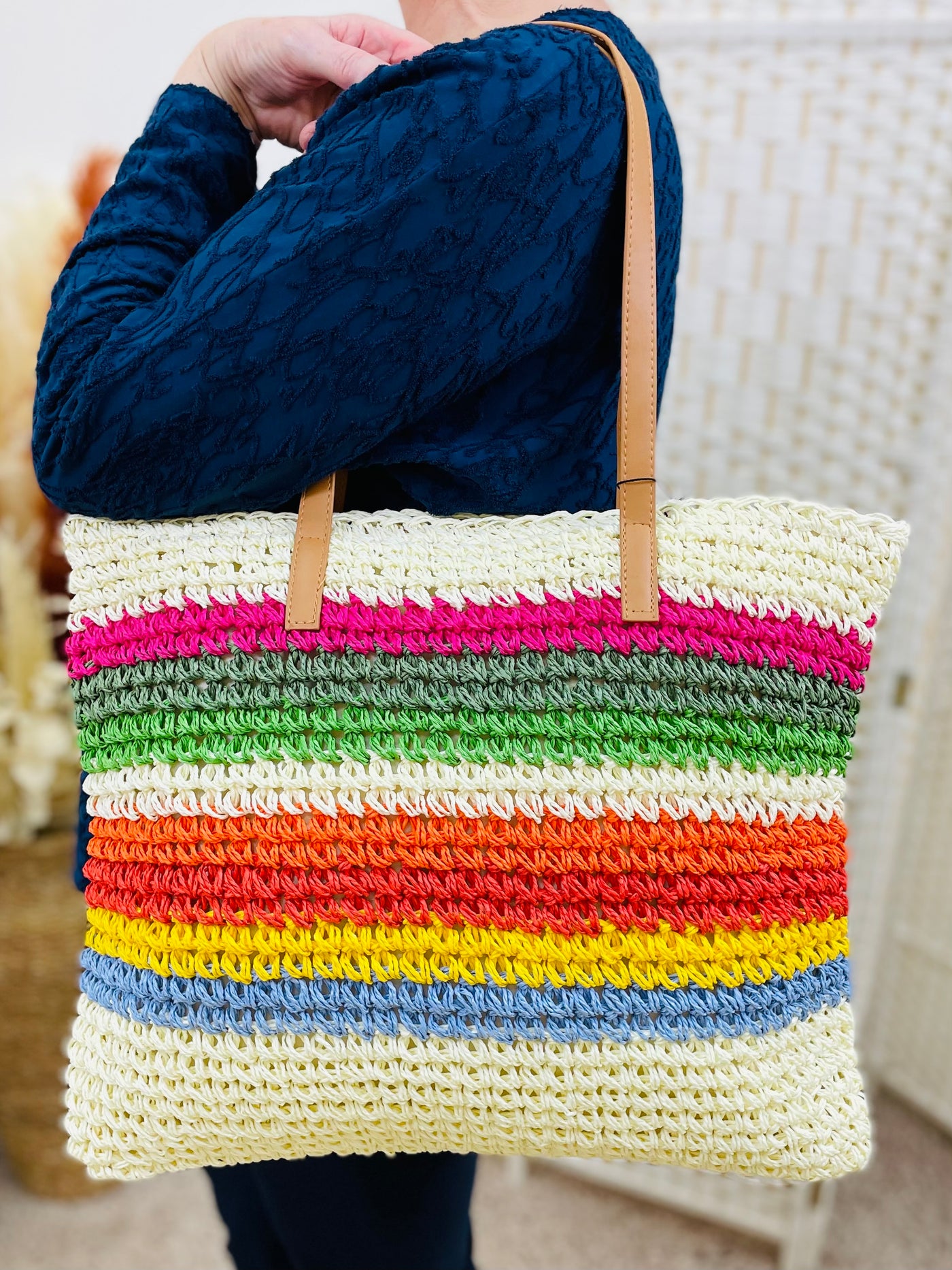 Stripe Print Beach Bag-Cream & Multicolour
