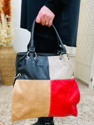 Colour Block Tote Handbag-Black/Cream & Red