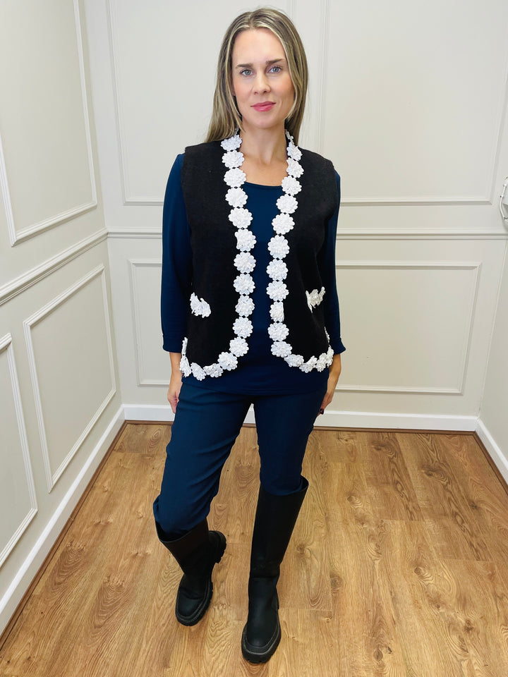 "MAGI" Floral Trim Gilet-Chocolate