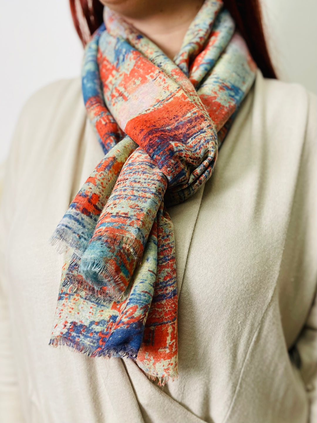 No.75 Artistic Print Scarf-Cream & Orange