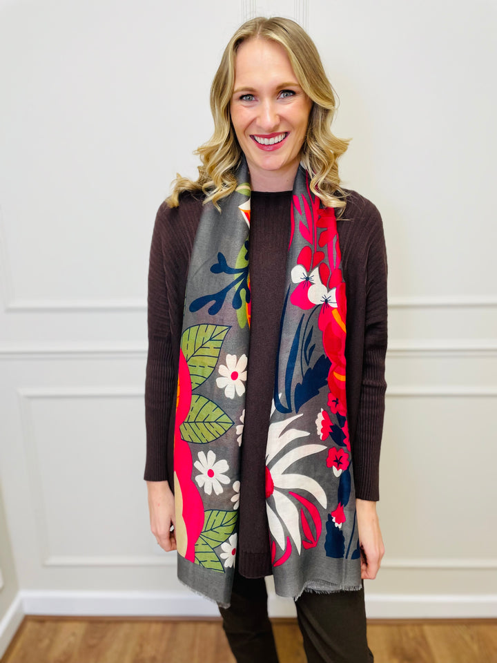 No.117 Floral Print Scarf-Grey & Multicolour