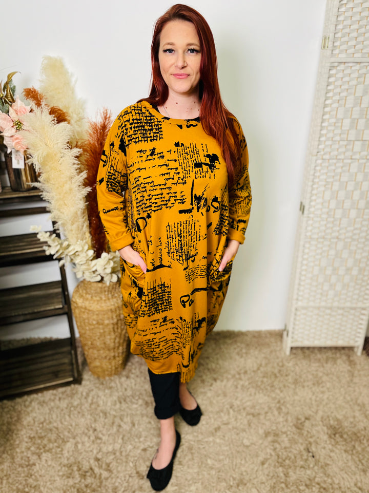 "RUTH" Artistic Print Tunic/Dress-Mustard