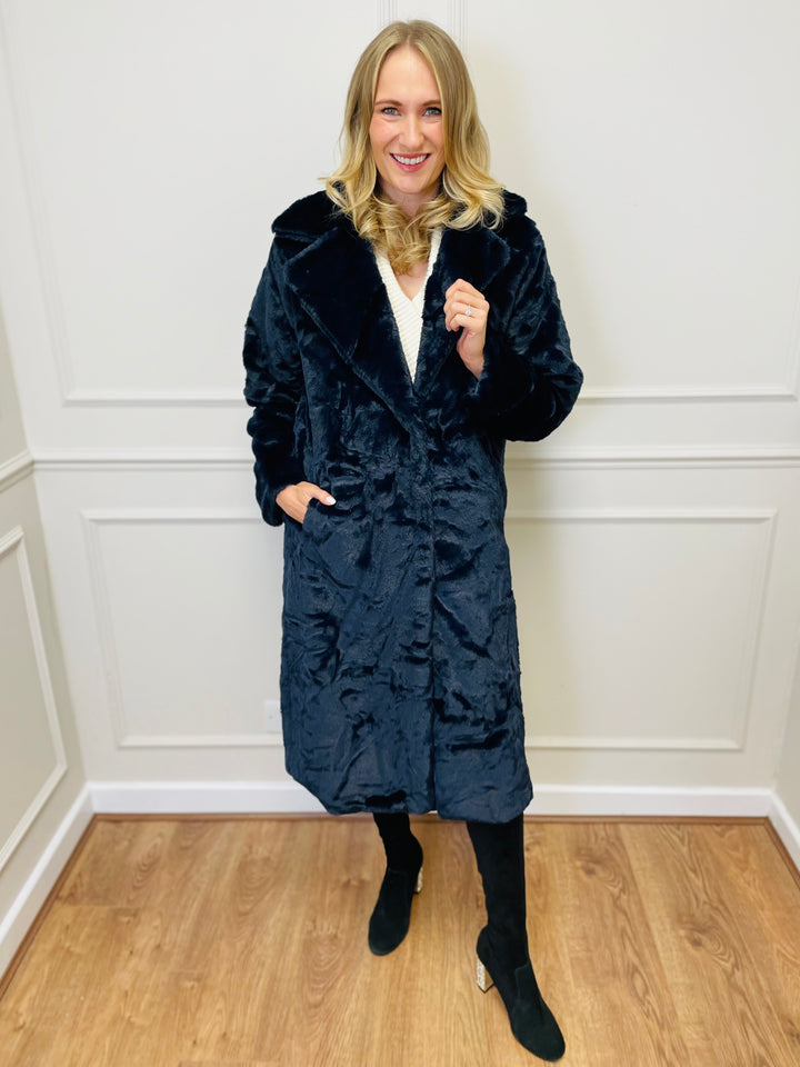 "NATALIA" Longline Fur Coat-Navy