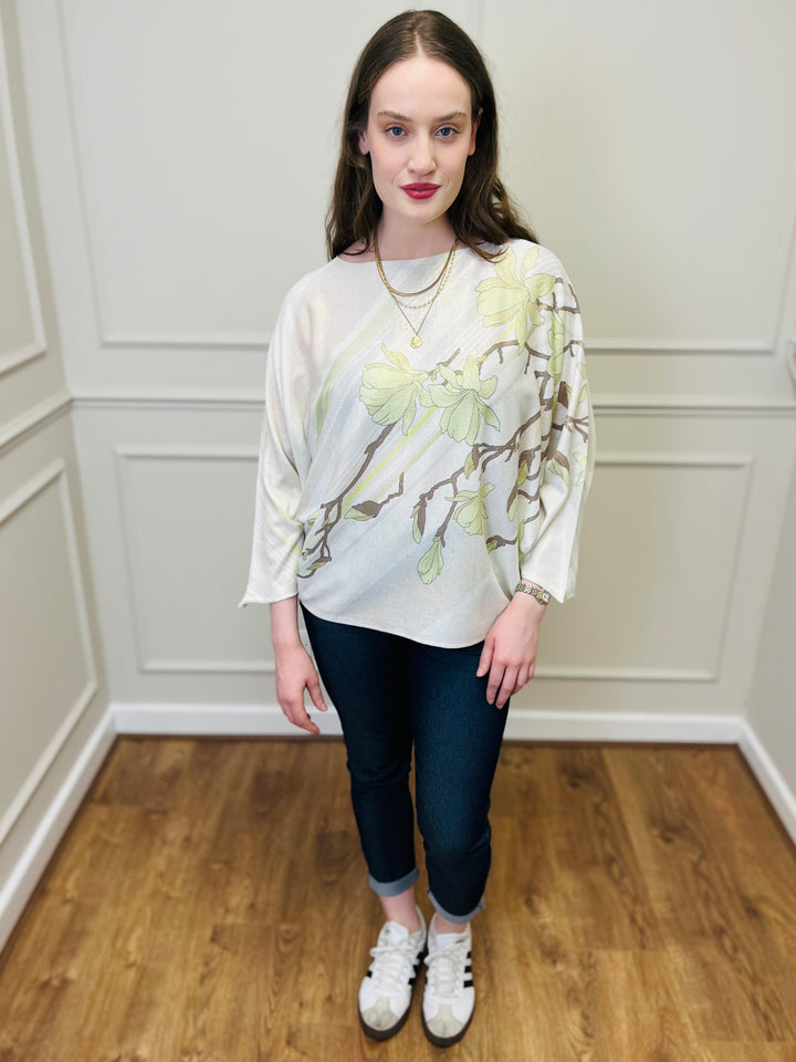 "SPRING" Floral Print Fine Knit-Cream & Green