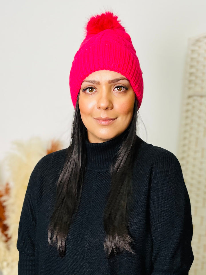  Knit Faux Fur Pom Hat