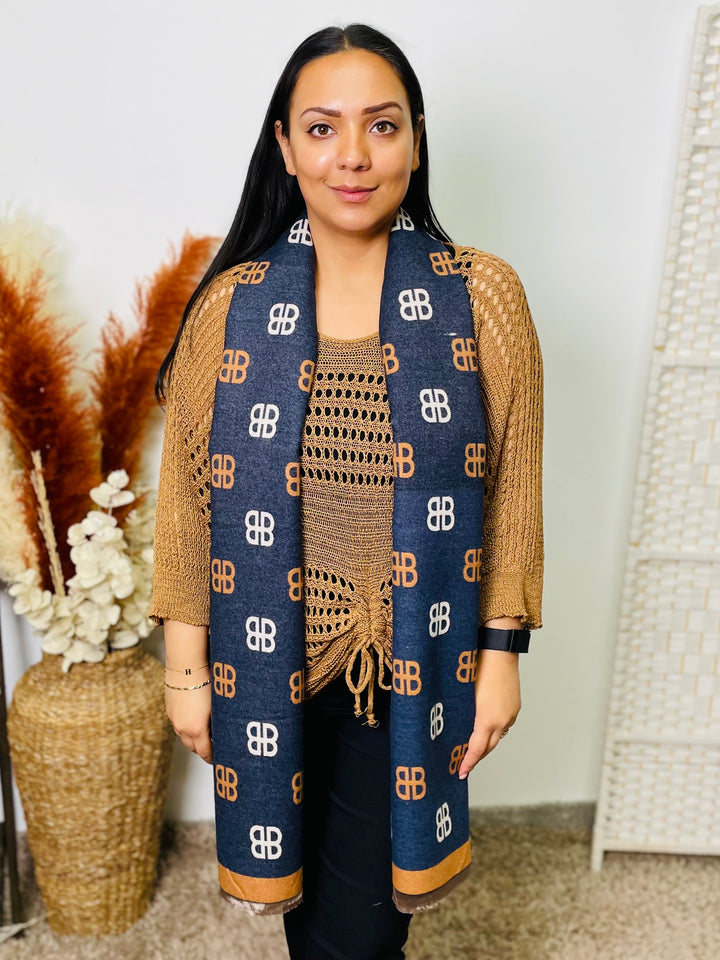 No.57  Designer Inspired Reversible Scarf-Navy & Tan