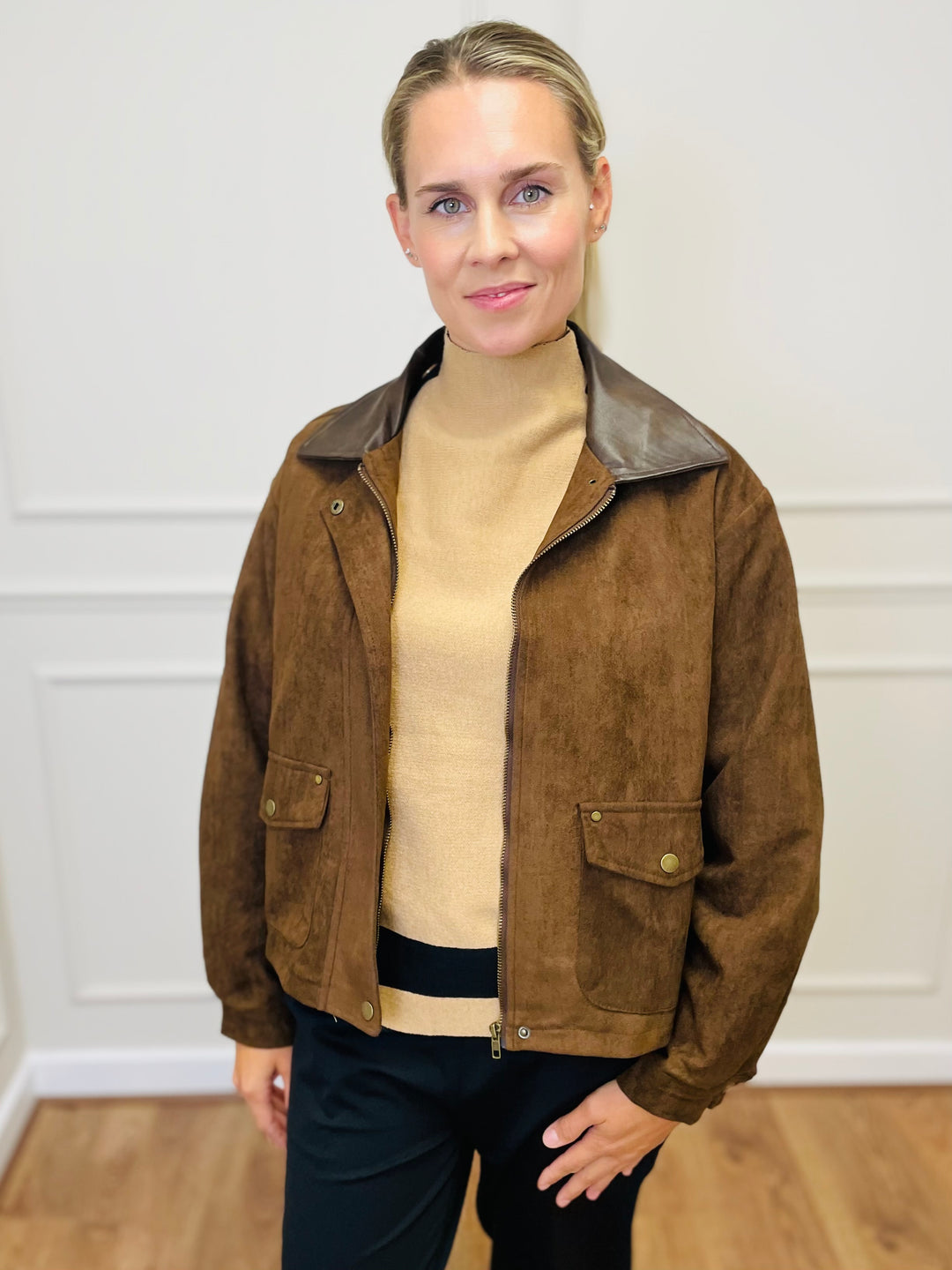 "NINA" Suede Bomber Jacket-Tan