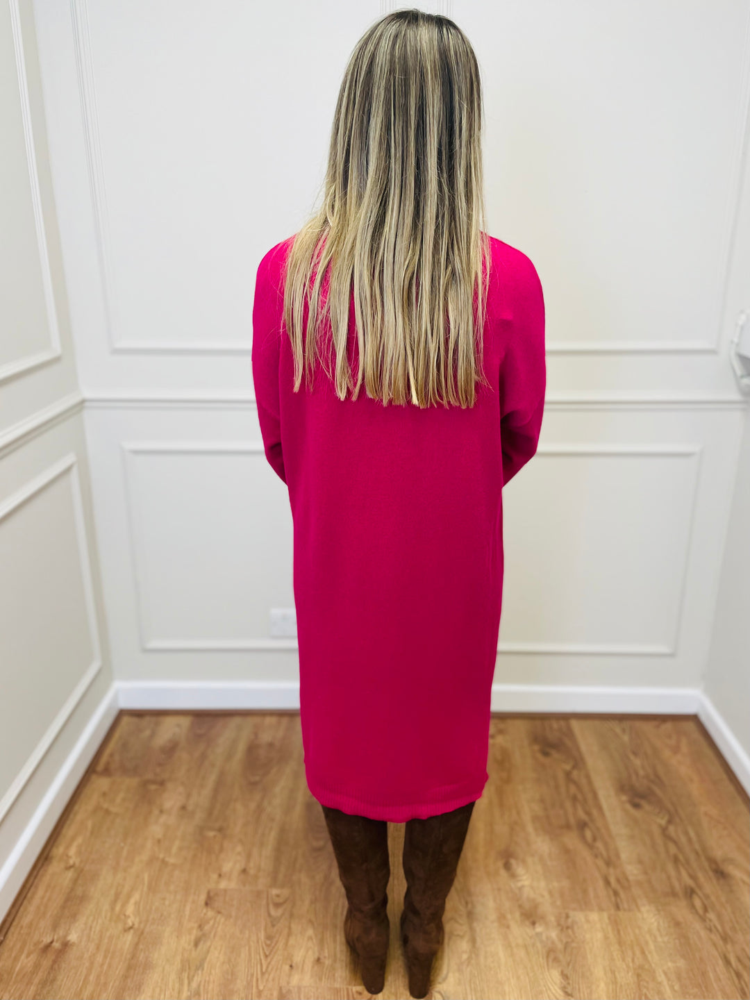 "BELINDA" Cable Knit Roll Neck Dress-Pink