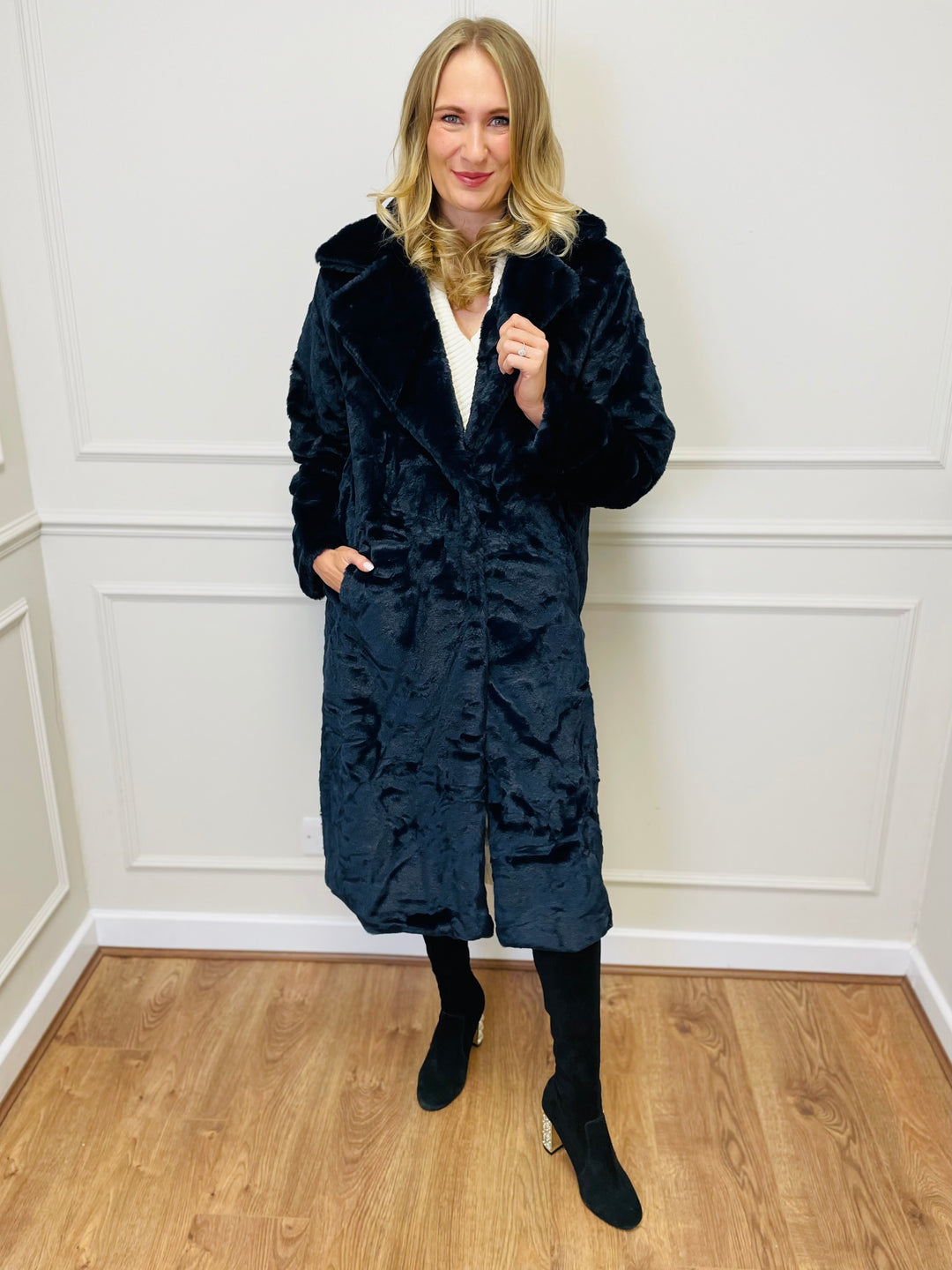 "NATALIA" Longline Fur Coat-Navy