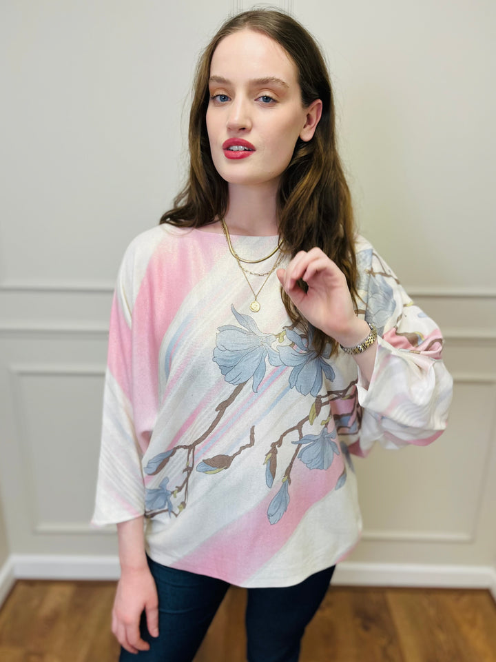 "SPRING" Floral Print Fine Knit-Cream & Pink