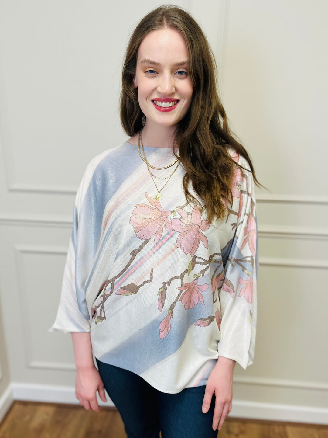 "SPRING" Floral Print Fine Knit-Cream & Blue