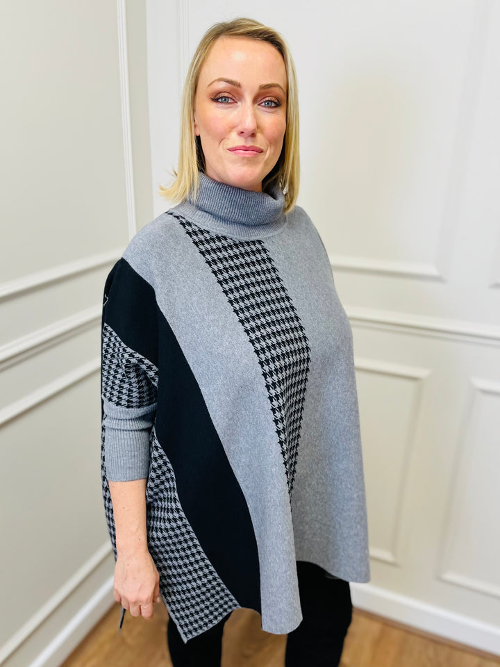 "DANIELA" Houndstooth Print Poncho-Grey & Black
