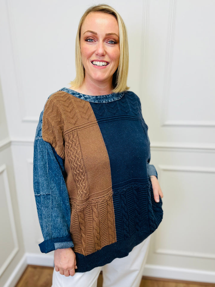 "LACEY" Patchwork Jumper-Denim & Tan