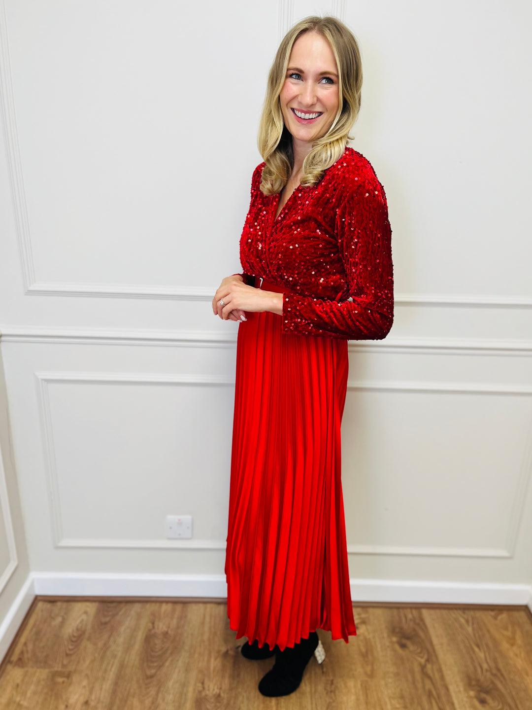 "ROSALIE" Pleated Dress-Red