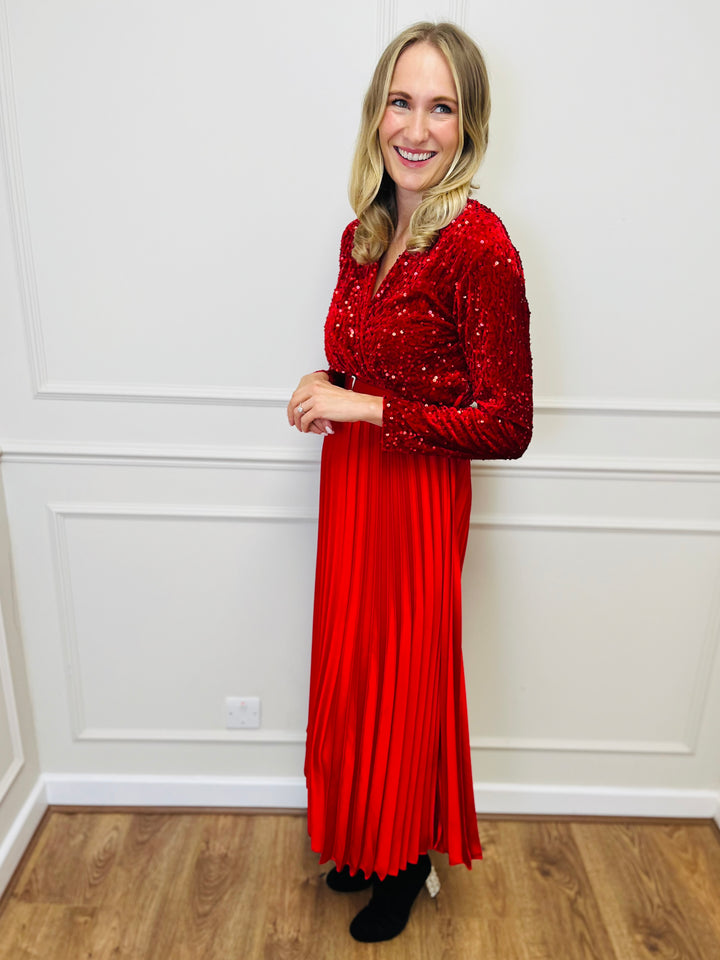 "ROSALIE" Pleated Dress-Red